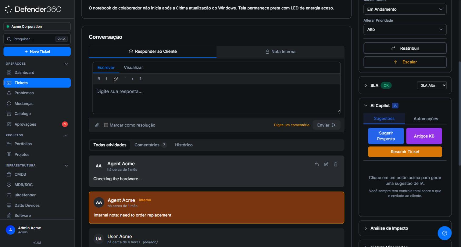 Painel AI Copilot no detalhe do chamado