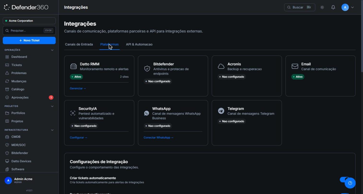 Aba Plataformas em Configurações → Integrações